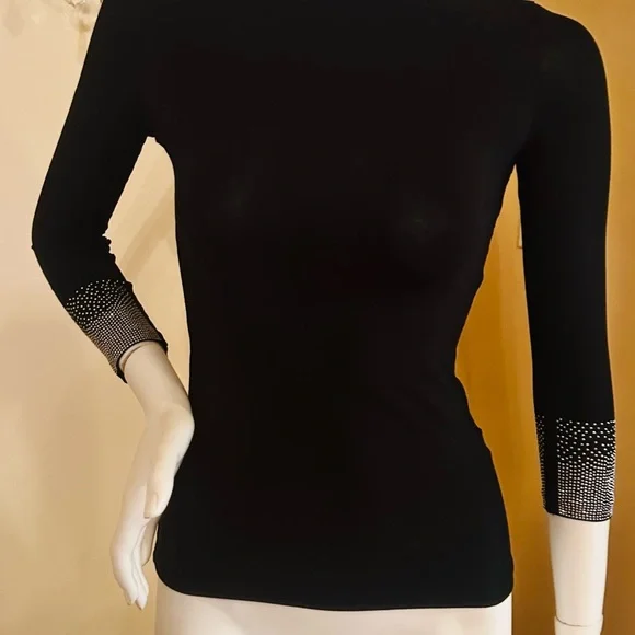 KIKIRIKI Black Long-Sleeve Crewneck Top with Crystal-Embellished Cuffs size S - Picture 14 of 15